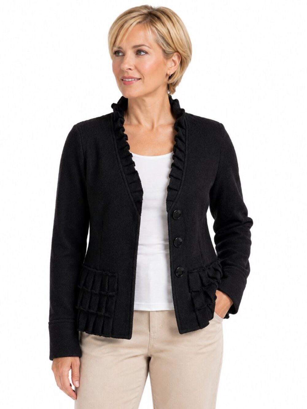 Lisa International Boiled Wool Ruffled Peplum Jacket